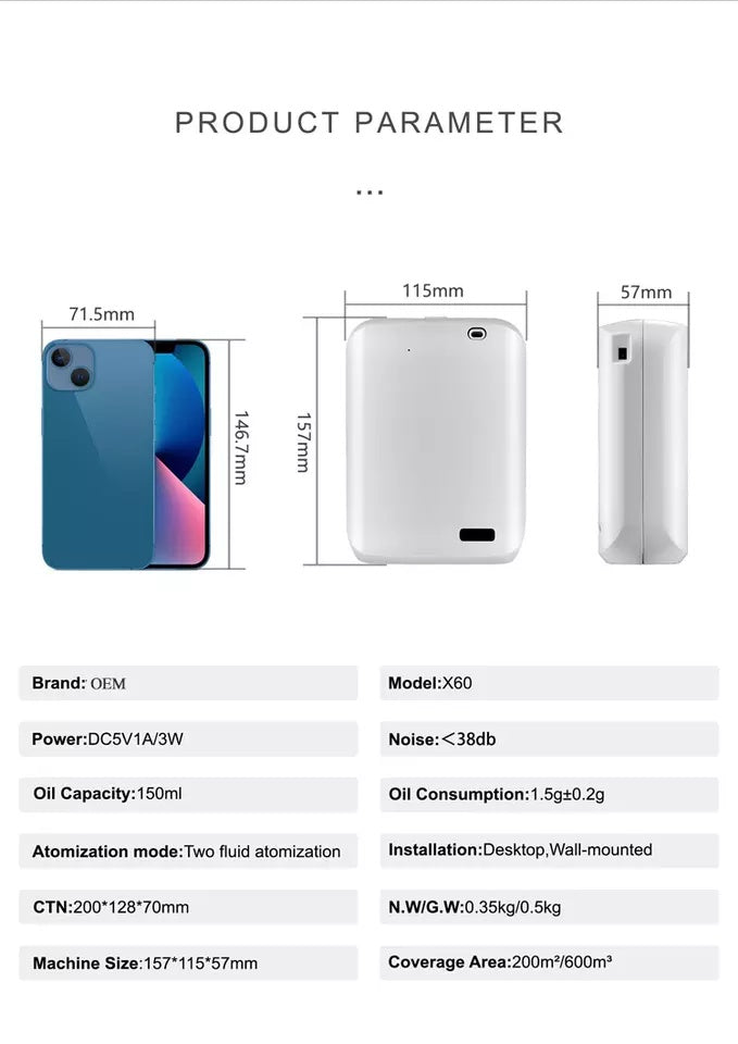 Настінний дифузор для HVAC 150 мл з чистими ефірними оліями, ароматичним дифузором, керуванням застосунком, розумним ароматизатором повітря